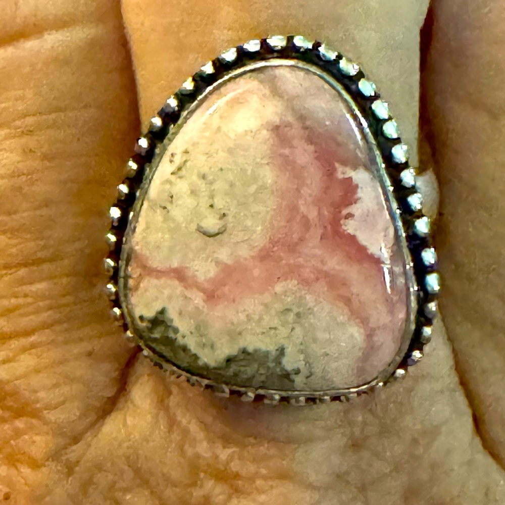 Rhodochrosite Gemstone Handcrafted India, Ethnic Pink, Silver plated Ring Size 8 - Picture 4 of 8